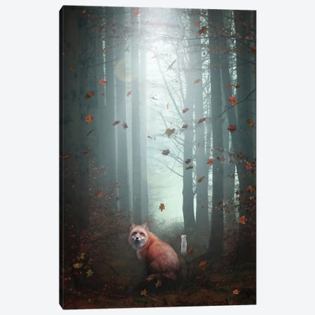 Red Fox And White Ermine In Autumnal Forest Canvas Print #GEZ212} by GEN Z Canvas Print