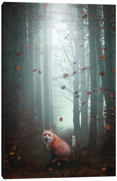 Red Fox And White Ermine In Autumnal Forest Canvas Art Print - GEN Z