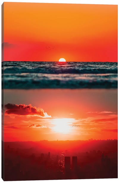 Sunset On Ocean And City Canvas Art Print - Fire & Ice