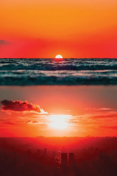 Sunset On Ocean And City