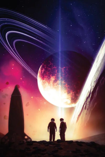 Two Astronauts And Rocket by GEN Z framed canvas print