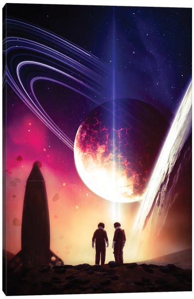 Two Astronauts And Rocket Canvas Art Print - Saturn Art