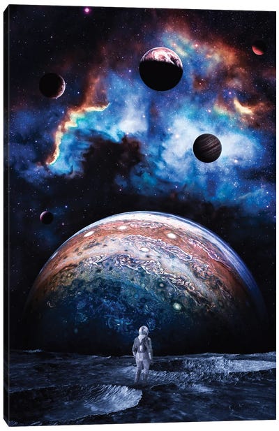 Astronaut On Ground Moon Looking Jupiter In Space Canvas Art Print - Planet Art