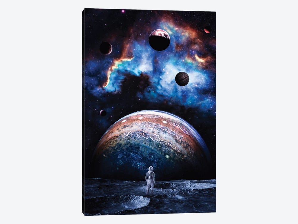 Astronaut On Ground Moon Looking Jupiter In Space by GEN Z 1-piece Canvas Print