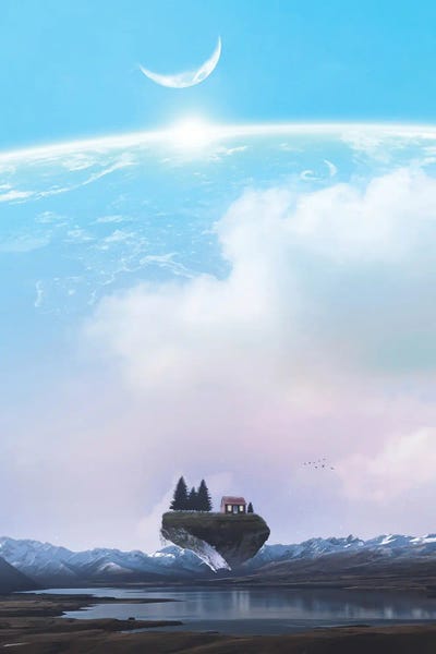 Little Red House On Floating Rock by GEN Z framed canvas print