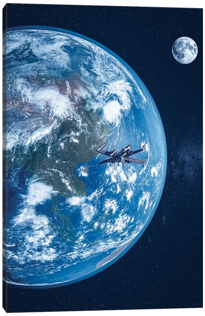 Earth, Moon And Spaceship Canvas Art Print - Earth Art