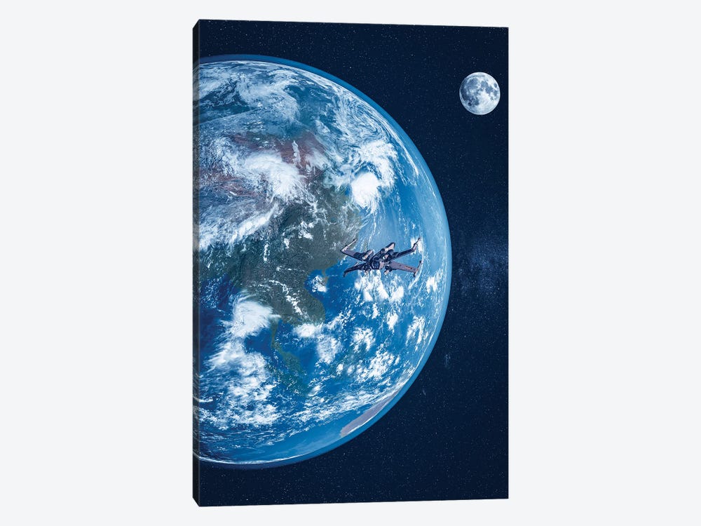 Earth, Moon And Spaceship by GEN Z 1-piece Canvas Art Print