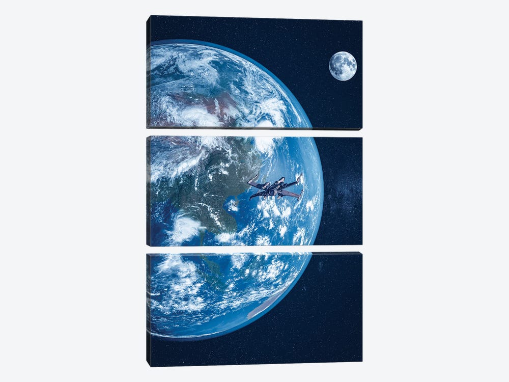 Earth, Moon And Spaceship by GEN Z 3-piece Art Print
