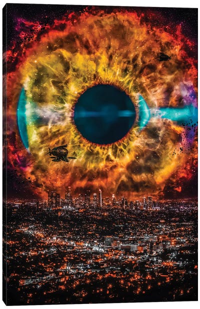 Eye Galaxy Over City Night Canvas Art Print - Galaxy Art