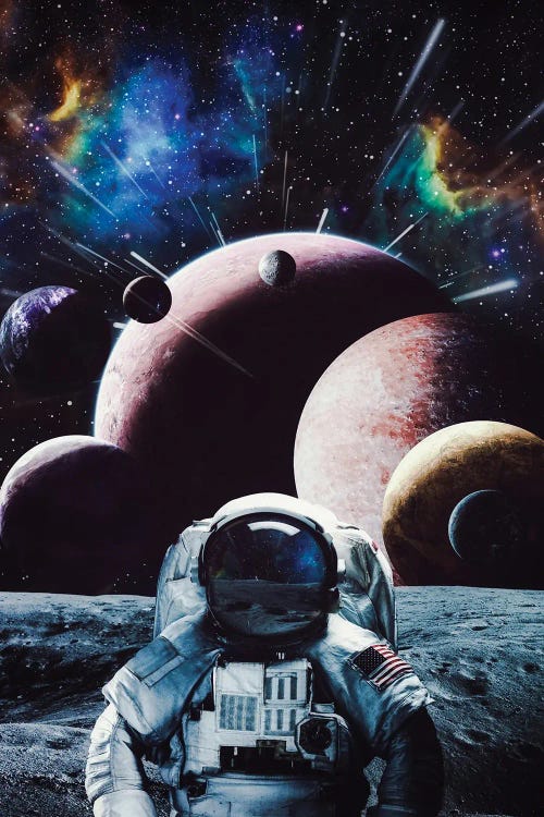 Astronaut On Moon With A Lot Of Planets