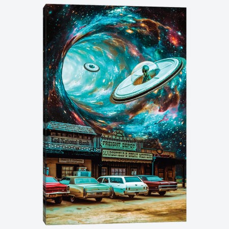 Western Invasion Flying Saucer Aliens Canvas Print #GEZ230} by GEN Z Art Print
