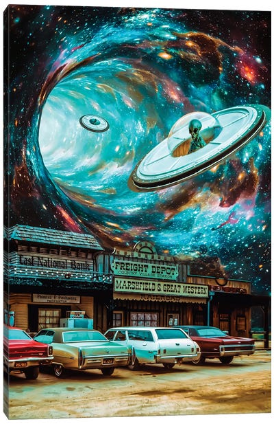 Western Invasion Flying Saucer Aliens Canvas Art Print - Space Fiction Art
