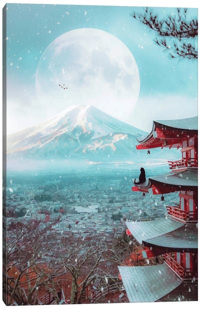 Black Cat And Mount Fuji With The Full Moon Canvas Art Print - Mountain Art