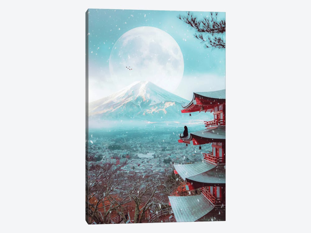 Black Cat And Mount Fuji With The Full Moon by GEN Z 1-piece Canvas Artwork