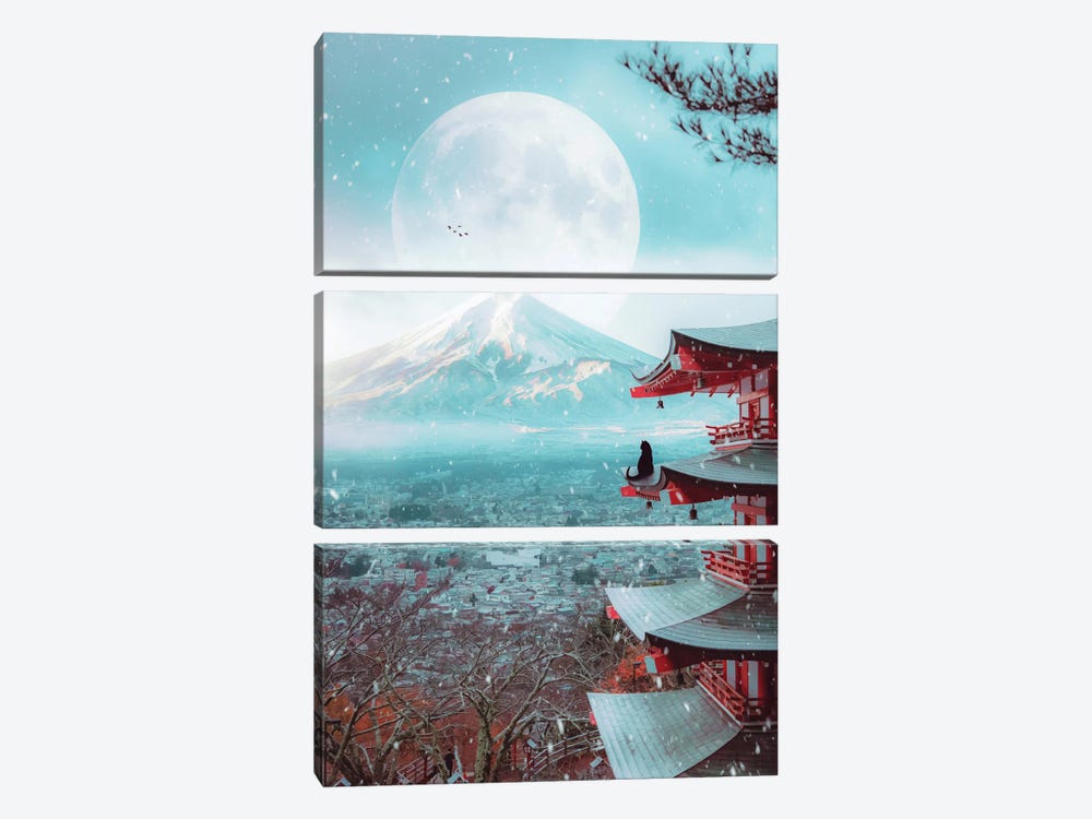 Black Cat And Mount Fuji With The Full Moon by GEN Z 3-piece Canvas Wall Art