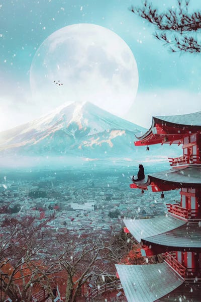 Asian Décor: Black Cat And Mount Fuji With The Full Moon by GEN Z