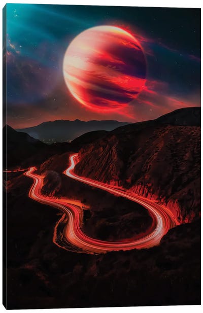 Fire Planet Night Trails Mountains Canvas Art Print - Sci-Fi Planet Art