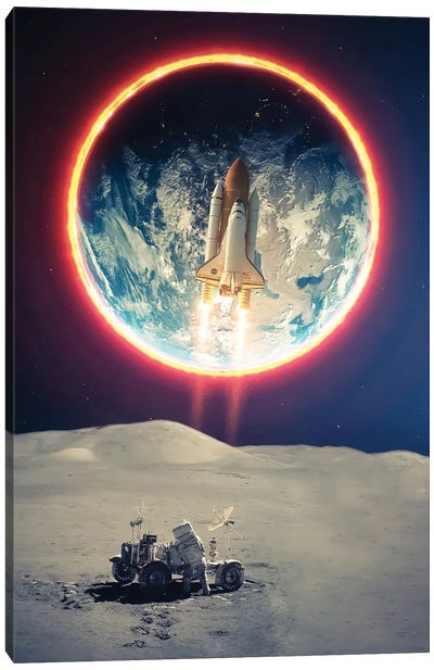 Rocket Mission To Moon And Astronaut Canvas Art Print - Space Shuttle Art
