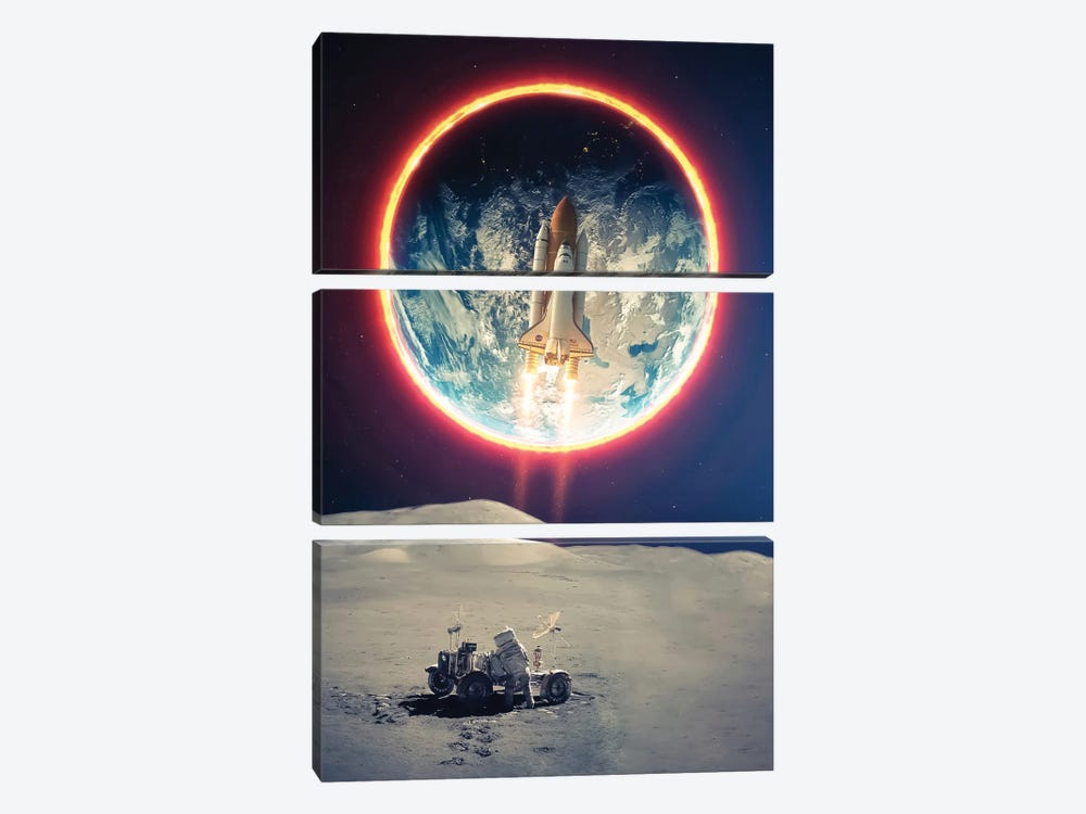 Rocket Mission To Moon And Astronaut by GEN Z 3-piece Canvas Wall Art