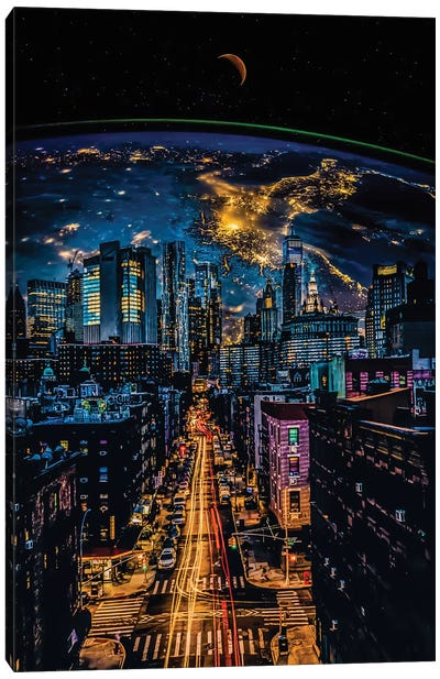 Speed Trails And Planet Earth In The City Night Canvas Art Print