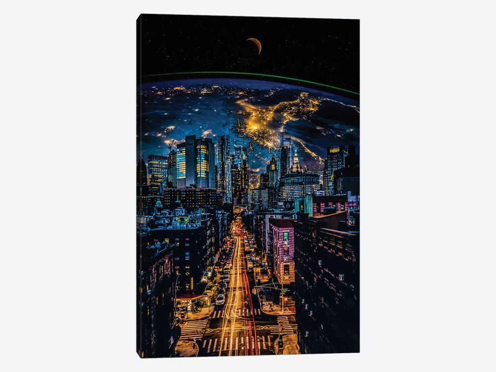 Speed Trails And Planet Earth In The City Night by GEN Z 1-piece Art Print