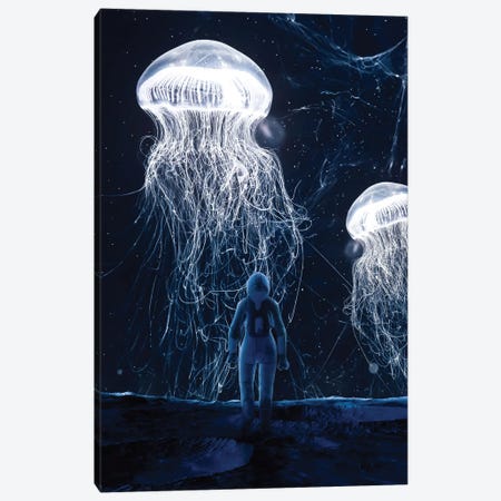Astronaut On Moon Meets Jellyfish From Space Canvas Print #GEZ23} by GEN Z Canvas Print