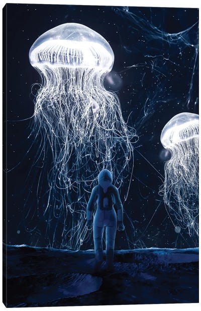 Astronaut On Moon Meets Jellyfish From Space Canvas Art Print - Gentle Giants