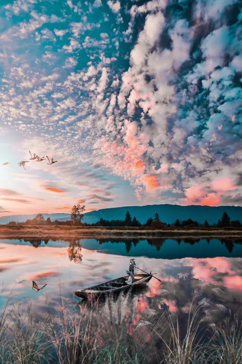 Asian Boat On The River Sky Reflection