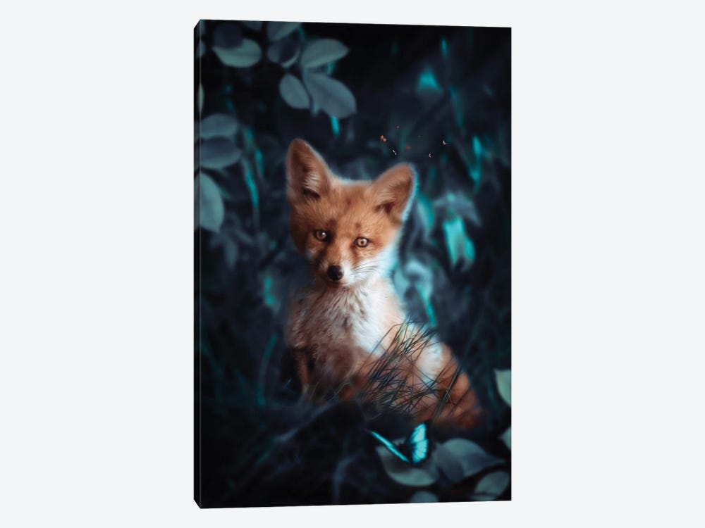 Baby Fox And Blue Butterfly by GEN Z 1-piece Canvas Art Print