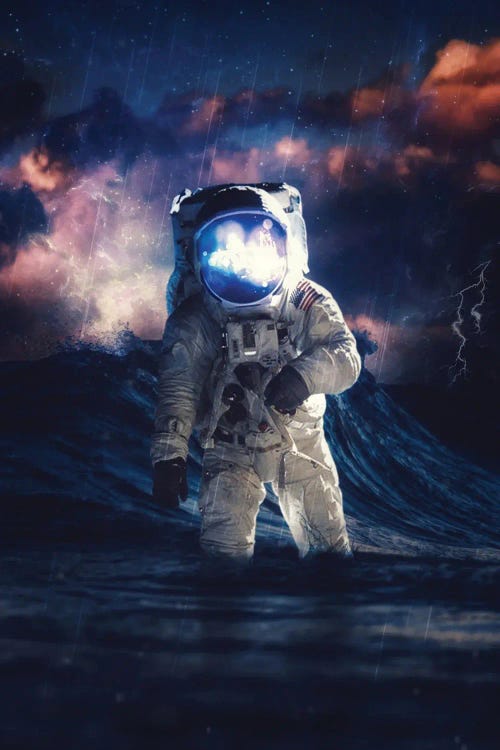 Astronaut By Wave In Ocean