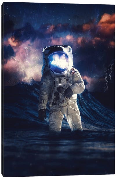 Astronaut By Wave In Ocean Canvas Art Print - GEN Z