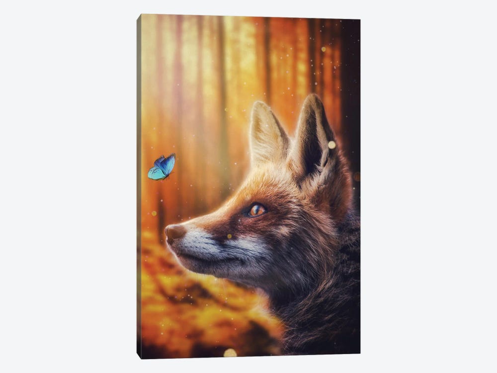 Red Fox And Blue Butterfly by GEN Z 1-piece Canvas Art Print