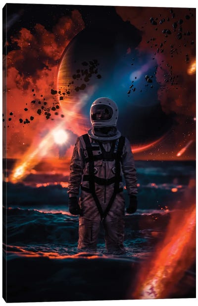 Lost Astronaut In Ocean And Falling Asteroids Canvas Art Print - Comet & Asteroid Art