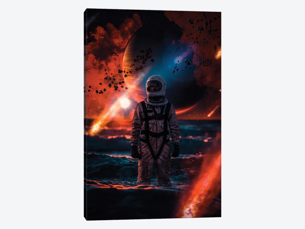 Lost Astronaut In Ocean And Falling Asteroids by GEN Z 1-piece Canvas Wall Art