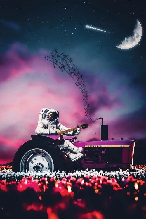 Astronaut Ride Agricultural Tractor In Flowers Field And Play Guitar