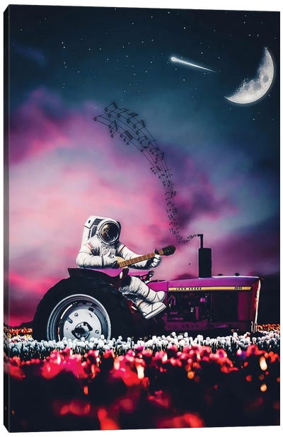 Astronaut Ride Agricultural Tractor In Flowers Field And Play Guitar Canvas Art Print - Tractors