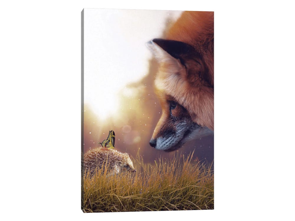 Gen Z Canvas Wall Decor Prints - The Hedgehog, The Red Fox and The Yellow Butterfly ( Animals > Wildlife > Hedgehogs art) - 40x26 in