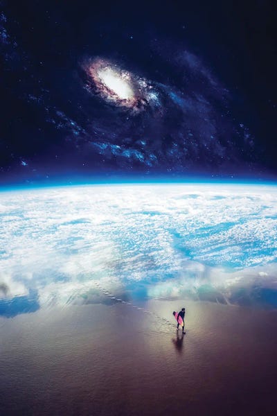 Surfer Walk On Space Earth Beach