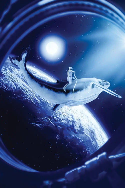 Astronaut Riding A Whale In Front Of Earth And Moon