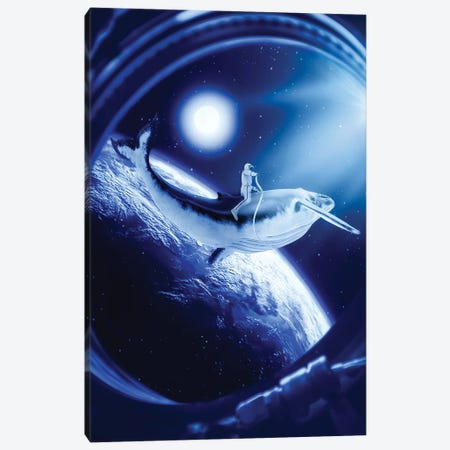 Astronaut Riding A Whale In Front Of Earth And Moon Canvas Print #GEZ26} by GEN Z Canvas Artwork