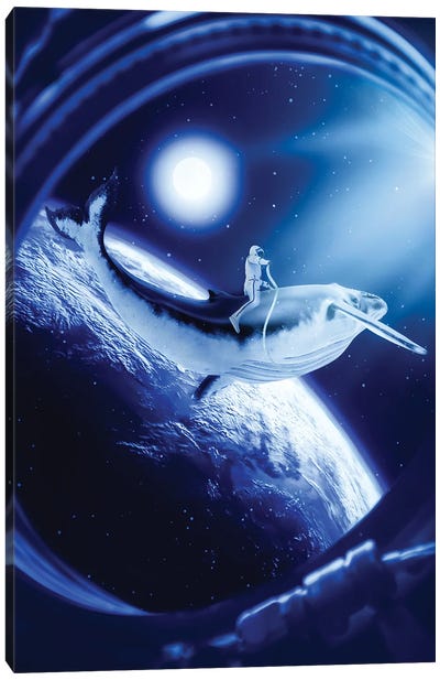 Astronaut Riding A Whale In Front Of Earth And Moon Canvas Art Print - Earth Art