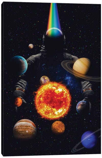 Giant Astronaut And Solar System Canvas Art Print - Solar System Art