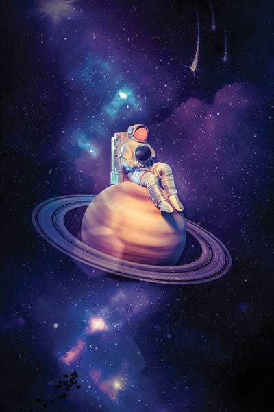Astronaut Sitting On Saturn With The Planet Earth In His Hands by GEN Z framed canvas print