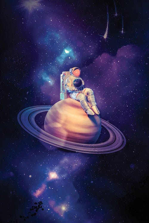 Astronaut Sitting On Saturn With The Planet Earth In His Hands