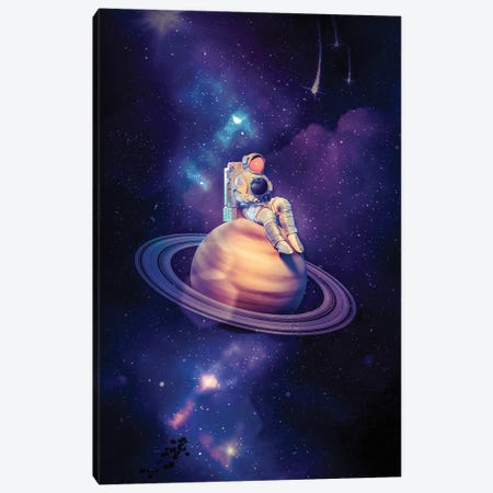 Astronaut Sitting On Saturn With The Planet Earth In His Hands Canvas Print #GEZ276} by GEN Z Canvas Wall Art