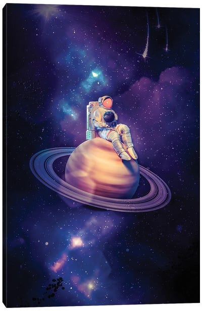 Astronaut Sitting On Saturn With The Planet Earth In His Hands Canvas Art Print - Saturn Art