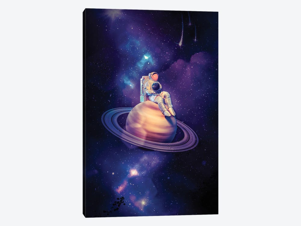 Astronaut Sitting On Saturn With The Planet Earth In His Hands by GEN Z 1-piece Canvas Art Print