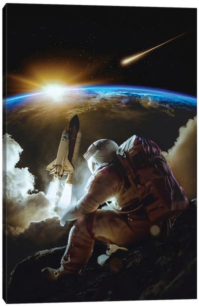 Astronaut Sitting On The Rock In Front Of Rocket Launch To Earth Canvas Art Print - Art Gifts for Him
