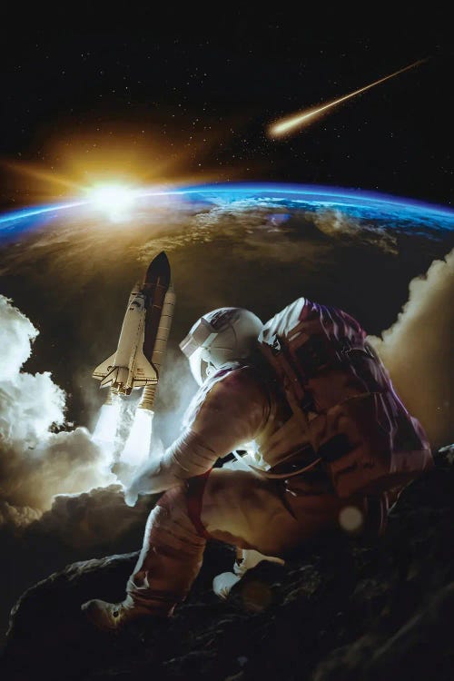 Astronaut Sitting On The Rock In Front Of Rocket Launch To Earth