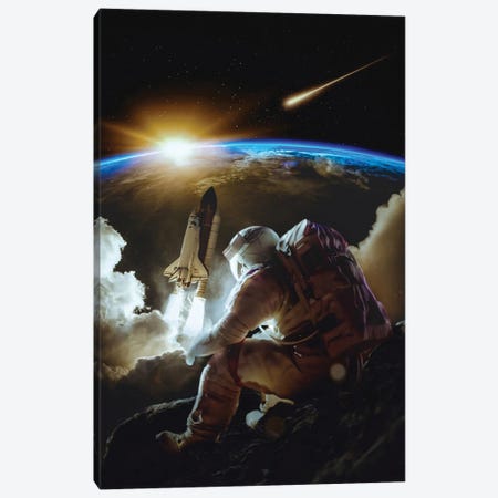 Astronaut Sitting On The Rock In Front Of Rocket Launch To Earth Canvas Print #GEZ27} by GEN Z Canvas Artwork